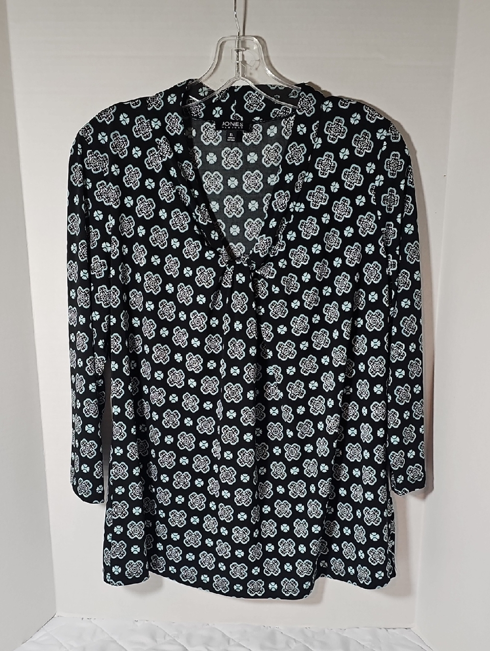 Jones New York Black Top with Light Blue Floral Motif and Tie Neck